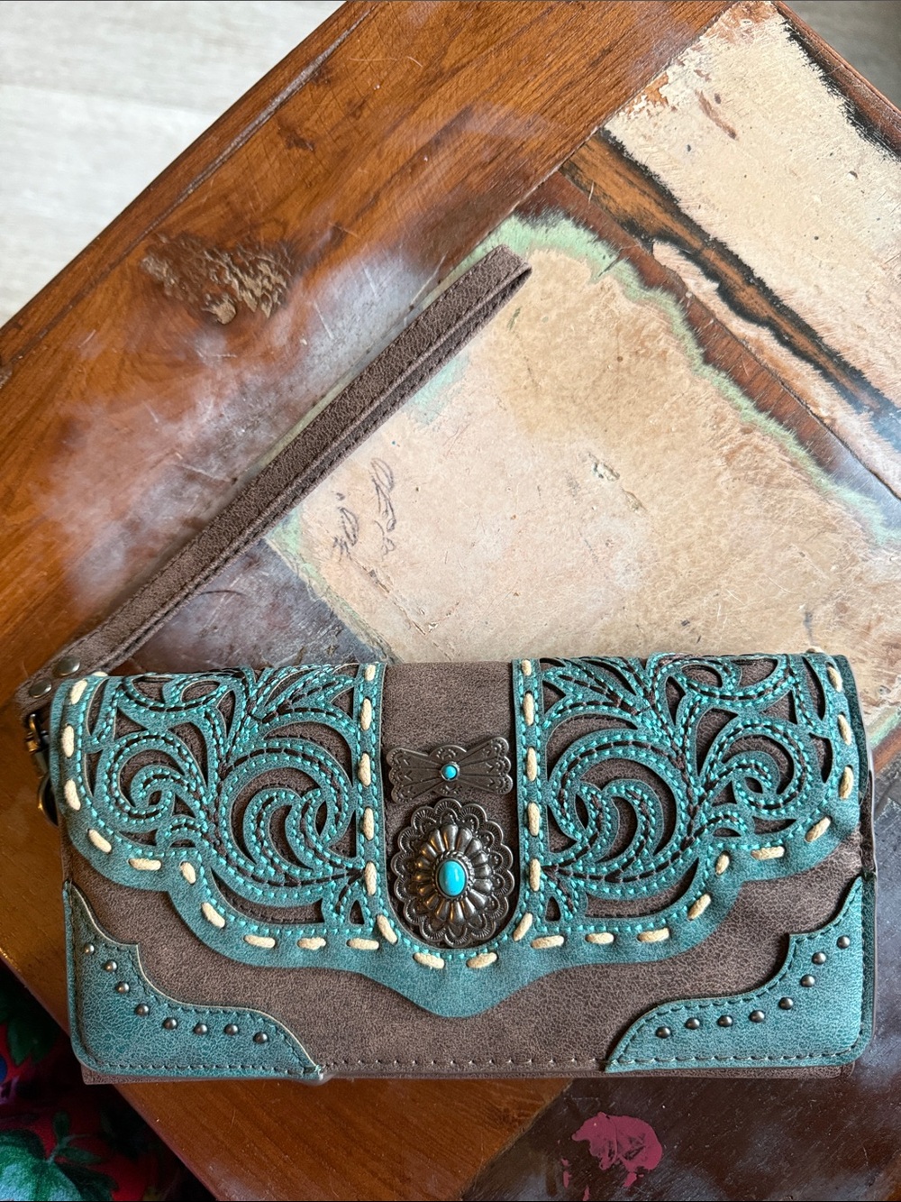 Montana West Brown and Turquoise Embroidered Wristlet Wallet